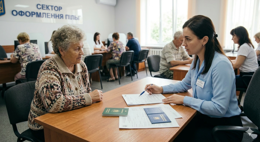 Консультація юриста або співробітника ЦНАП щодо оформлення статусу ветерана праці. Літня жінка подає документи (трудову книжку, паспорт) для отримання посвідчення ветерана праці в Україні.