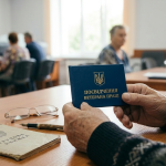 Руки пенсіонера тримають згорнуте темно-синє посвідчення ветерана праці України з золотим гербом. На столі лежить трудова книжка та окуляри. Головне зображення для статті про отримання статусу ветерана праці.