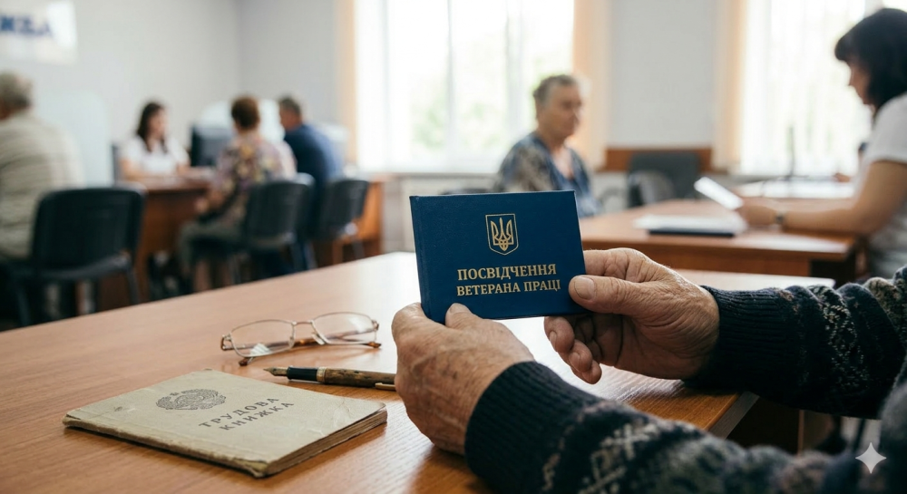 Руки пенсіонера тримають згорнуте темно-синє посвідчення ветерана праці України з золотим гербом. На столі лежить трудова книжка та окуляри. Головне зображення для статті про отримання статусу ветерана праці.