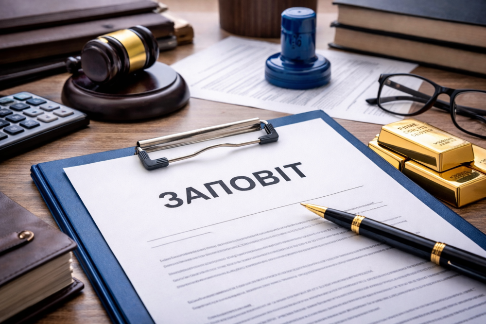 НА столі лежить документ заповіт, ручка та золоті слітки