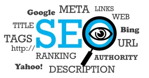 Слово SEO написаное синьоми буквами на юыдому фоні.