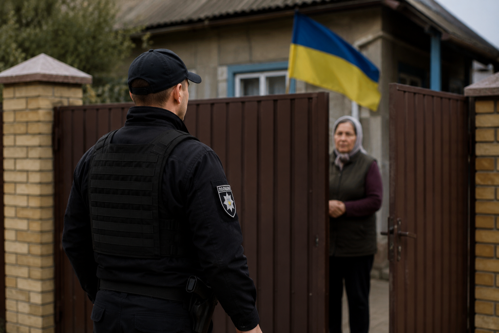 Поліцейський розмовляє з власником приватного будинку через відчинену колітку не заходячи