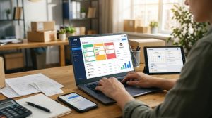 Менеджер працює з замовленнями та оплатами в CRM-системі на ноутбуці в офісі інтернет-магазину