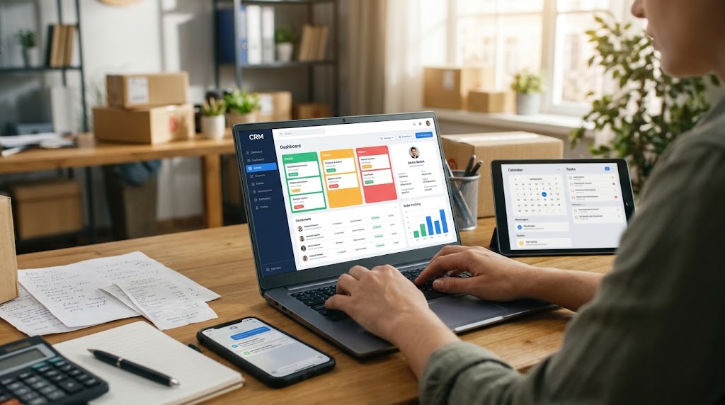 Менеджер працює з замовленнями та оплатами в CRM-системі на ноутбуці в офісі інтернет-магазину