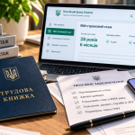 Трудова книжка України, документи для підтвердження трудового стажу та ноутбук із порталом Пенсійного фонду для перевірки страхового стажу онлайн.