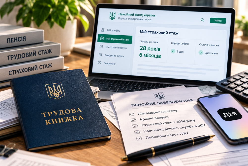 Трудова книжка України, документи для підтвердження трудового стажу та ноутбук із порталом Пенсійного фонду для перевірки страхового стажу онлайн.